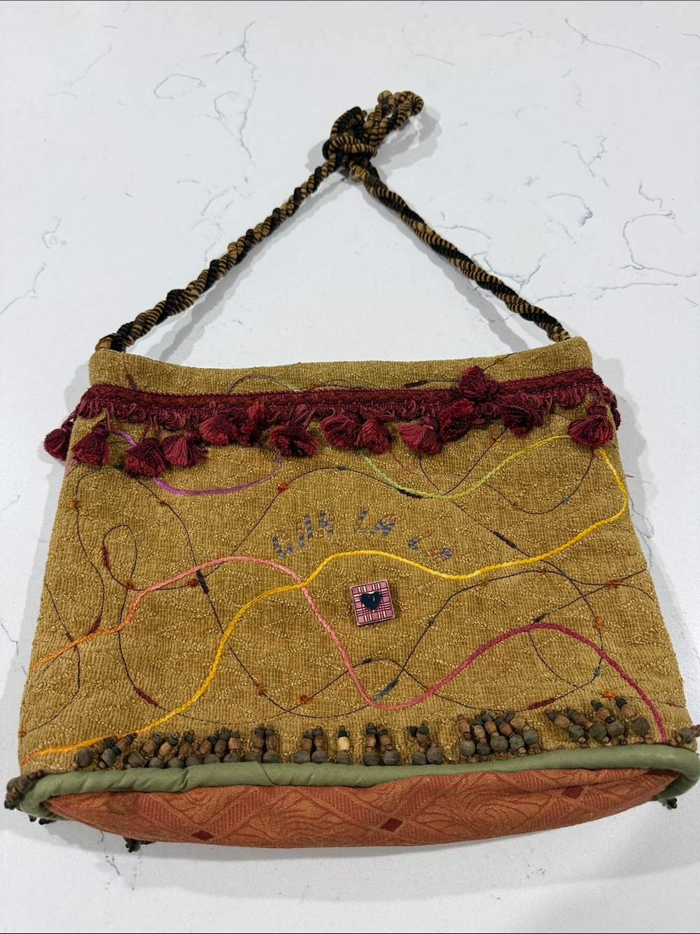 Boho Embroidered Mustard Shoulder Bag with Tassel Trim